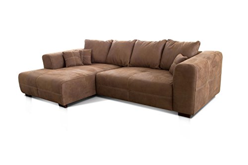 Cavadore Ecksofa Mavericco / XXL Eckcouch Inkl. Rückenkissen und Zierkissen / Longchair links / Industrial Style / 285 x 69 x 170 (BxHxT) / Mikrofaser Hellbraun von CAVADORE