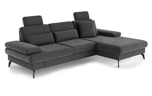 Cavadore Ecksofa Moritz / Eckcouch mit Longchair, Sitztiefenverstellung, Kopfstützen und mattschwarzen Metallfüßen / 275 x 82-107 x 171 / Mikrofaser, Grauoliv von CAVADORE