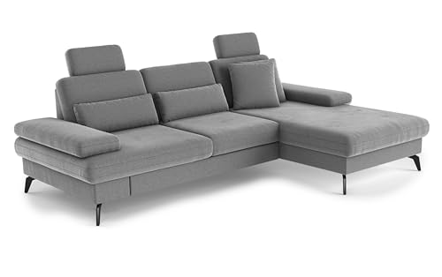 Cavadore Ecksofa Moritz / Eckcouch mit Longchair, Sitztiefenverstellung, Kopfstützen und mattschwarzen Metallfüßen / 275 x 82-107 x 171 / Mikrofaser, Mittelgrau von CAVADORE