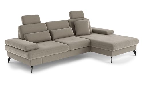 Cavadore Ecksofa Moritz / Eckcouch mit Longchair, Sitztiefenverstellung, Kopfstützen und mattschwarzen Metallfüßen / 275 x 82-107 x 171 / Mikrofaser, Perlbeige von CAVADORE
