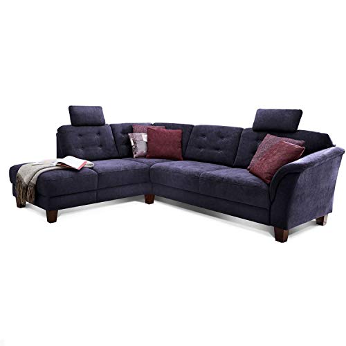 Cavadore Ecksofa Trond mit Ottomane links / Federkern-Sofa im Landhausstil mit 2 Kopfstützen und Vorziehsitz mit Bettkasten / 260 x 89 x 214 / Webstoff dunkelblau von CAVADORE