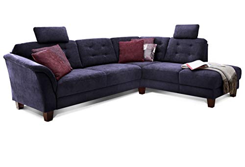 Cavadore Ecksofa Trond mit Ottomane rechts / Federkern-Sofa im Landhausstil mit 2 Kopfstützen und Vorziehsitz mit Bettkasten / 260 x 89 x 214 / Webstoff blau von CAVADORE