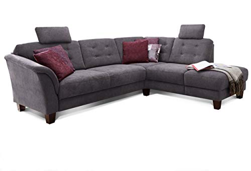 Cavadore Ecksofa Trond mit Ottomane rechts / Federkern-Sofa im Landhausstil mit 2 Kopfstützen und Vorziehsitz mit Bettkasten / 260 x 89 x 214 / Webstoff grau von CAVADORE