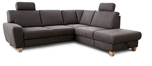 Cavadore Ecksofa Wisconsin mit Bettfunktion / Schlafsofa mit Federkern in Lederoptik / Inkl. 2 Kopfstützen + Stauraum / Landhausstil / Holzfüße in Buche / 248 x 88 x 215 cm / Dunkelgrau von CAVADORE