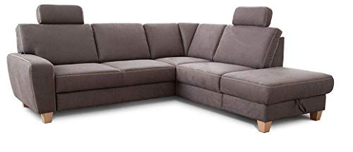 Cavadore Ecksofa Wisconsin mit Bettfunktion / Schlafsofa mit Federkern in Lederoptik / Inkl. 2 Kopfstützen + Stauraum / Landhausstil / Holzfüße in Buche / 248 x 88 x 215 cm / Grau von CAVADORE