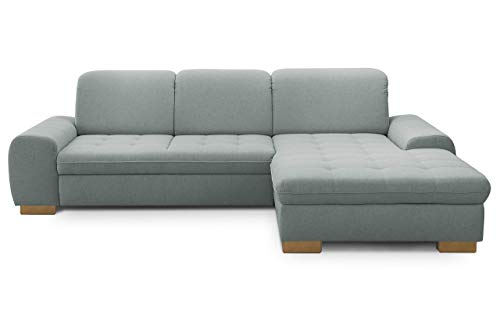 CAVADORE Sofaecke Lexi im Landhausstil / Schlafsofa in L-Form mit XXL-Longchair rechts und Federkern / Inkl. Bett, Bettkasten und Kopfteilfunktion / 275 x 82-99 x 173 / Flachgewebe: Hellblau von CAVADORE