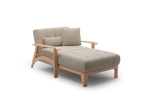 Cavadore Longchair Billan / Freistehende Recamiere im skandinavischen Design mit Bett und massivem Holzgestell in Buche / 109 x 88 x 185 / Flachgewebe, Beige von CAVADORE