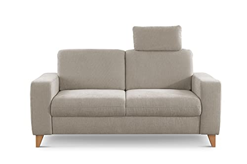 CAVADORE 2er Sofa Lotta / Skandinavische 2-Sitzer-Couch mit Federkern, Kopfstütze und Holzfüßen / 173 x 88 x 88 / Webstoff, Creme von CAVADORE