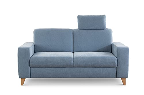 CAVADORE 2er Sofa Lotta / Skandinavische 2-Sitzer-Couch mit Federkern, Kopfstütze und Holzfüßen / 173 x 88 x 88 / Webstoff, Hellblau von CAVADORE