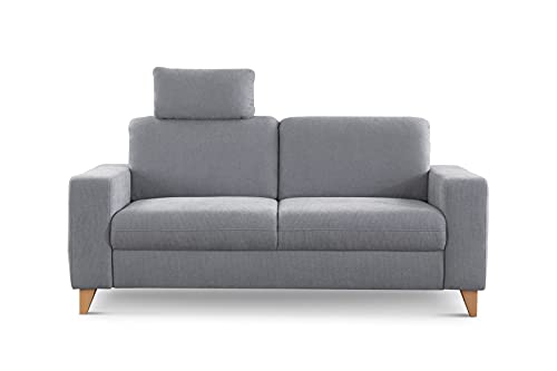CAVADORE 2,5-Sitzer Sofa Lotta / Skandinavische 2,5er-Couch mit Federkern, Kopfstütze und Holzfüßen / 183 x 88 x 88 / Webstoff, Hellgrau von CAVADORE