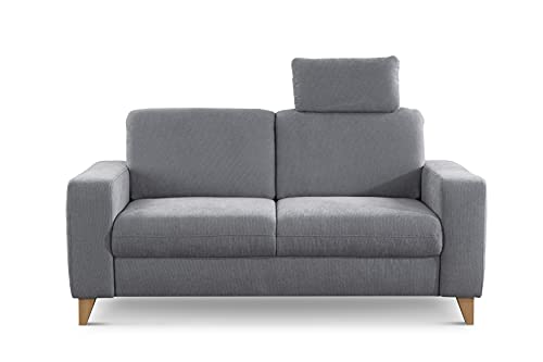 CAVADORE 2er Sofa Lotta / Skandinavische 2-Sitzer-Couch mit Federkern, Kopfstütze und Holzfüßen / 173 x 88 x 88 / Webstoff, Hellgrau von CAVADORE