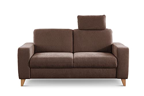 CAVADORE 2er Sofa Lotta / Skandinavische 2-Sitzer-Couch mit Federkern, Kopfstütze und Holzfüßen / 173 x 88 x 88 / Webstoff, Hellbraun von CAVADORE