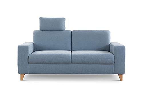 CAVADORE 2,5-Sitzer Sofa Lotta / Skandinavische 2,5er-Couch mit Federkern, Kopfstütze und Holzfüßen / 183 x 88 x 88 / Webstoff, Hellblau von CAVADORE