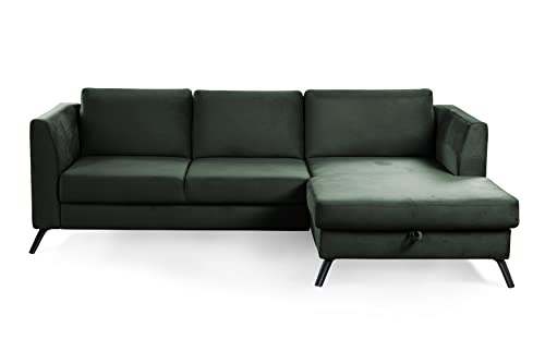 CAVADORE Ecksofa Ole / Schlafsofa in L-Form mit Bett, Bettkasten, Schwenkrücken und XL-Longchair / 261 x 88 x 172 / Samtoptik Grün von CAVADORE