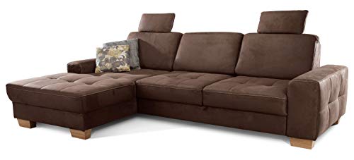 Cavadore Ecksofa Puccino mit Federkern, Schlaffunktion, verstellbarer Sitztiefe und 2 Kopfstützen / Sofa in L-Form im Landhaus Design / 281 x 86 x 178 cm / Mikrofaser braun von CAVADORE