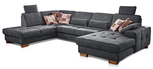 CAVADORE Wohnlandschaft Puccino mit Federkern, verstellbarer Rückenlehne und 2 Kopfstützen / Sofalandschaft in U-Form im Landhaus-Design / 340 x 86 x 224 cm / Mikrofaser grau von CAVADORE