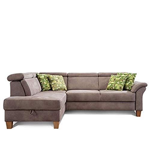 Cavadore Schlafsofa Ammerland mit Ottomane links / Federkern-Sofa im Landhausstil mit verstellbaren Kopfstützen, Bett und Bettkasten / 245 x 84 x 194 / Lederoptik hellbraun von CAVADORE