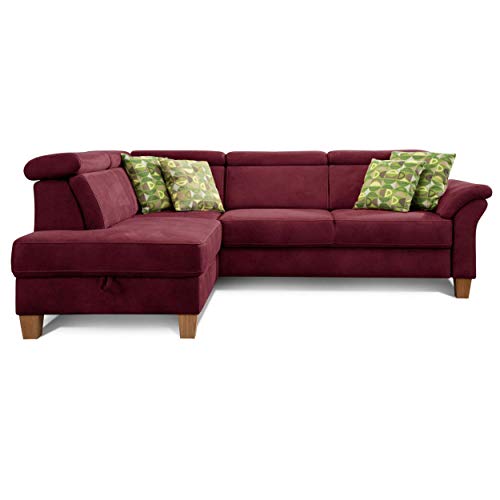 Cavadore Schlafsofa Ammerland mit Ottomane links / Federkern-Sofa im Landhausstil mit verstellbaren Kopfstützen, Bett und Bettkasten / 245 x 84 x 194 / Lederoptik rot von CAVADORE