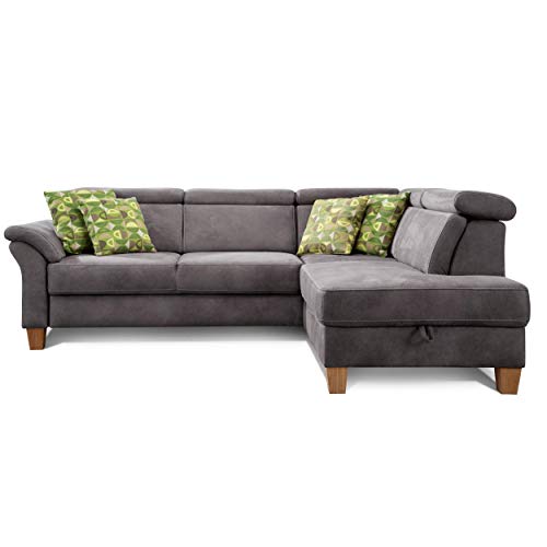 Cavadore Schlafsofa Ammerland mit Ottomane rechts / Federkern-Sofa im Landhausstil mit verstellbaren Kopfstützen, Bett und Bettkasten / 245 x 84 x 194 / Lederoptik dunkelgrau von CAVADORE