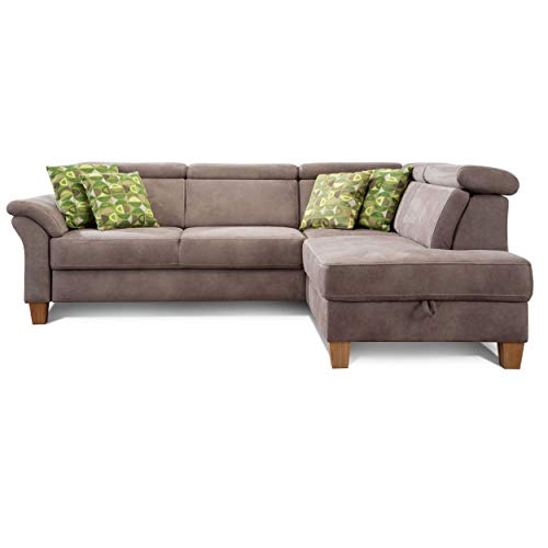 Cavadore Schlafsofa Ammerland mit Ottomane rechts / Federkern-Sofa im Landhausstil mit verstellbaren Kopfstützen, Bett und Bettkasten / 245 x 84 x 194 / Lederoptik hellbraun von CAVADORE