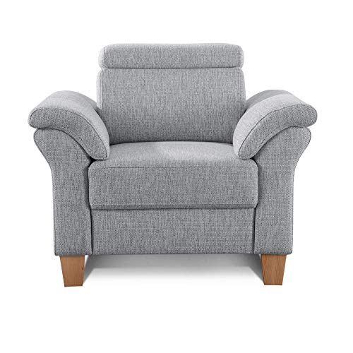 Cavadore Sessel Ammerland inkl. Federkern und Kopfteilverstellung / Großer Polstersessel im Landhausstil / Passend zur Sofagarnitur Ammerland / 101 x 84 x 93 / Strukturstoff hellgrau von CAVADORE