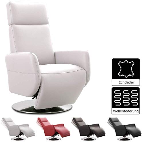 Cavadore TV-Sessel Cobra / Fernsehsessel mit Liegefunktion, Relaxfunktion / Stufenlos verstellbar / Ergonomie L / Belastbar bis 130 kg / 71 x 112 x 82 / Echtleder Weiß von CAVADORE