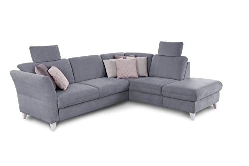 CAVADORE Ecksofa Trend / Skandinavische Eckcouch mit Federkern, Ottomane und 2 Kopfstützen / 252 x 86 x 213 / Chenille, Hellblau von CAVADORE