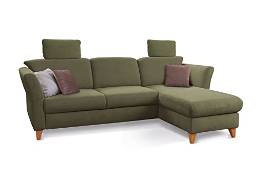 CAVADORE Schlafsofa Trend / Skandinavisches Ecksofa mit Federkern, Bettfunktion, Bettkasten im Longchair und 2 Kopfstützen / 249 x 86 x 162 / Cord, Olive von CAVADORE