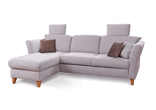 CAVADORE Eckcouch Trend / Skandinavisches Ecksofa mit Federkern, Longchair und zwei Kopfstützen / 249 x 86 x 162 / Cord, Hellgrau von CAVADORE