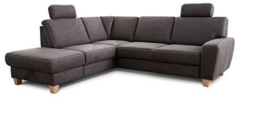 Cavadore Ecksofa Wisconsin mit Bettfunktion / Schlafsofa mit Federkern in Lederoptik / Inkl. 2 Kopfstützen + Stauraum / Landhausstil / Holzfüße in Buche / Mikrofaser / 248 x 88 x 215 cm / Dunkelgrau von CAVADORE