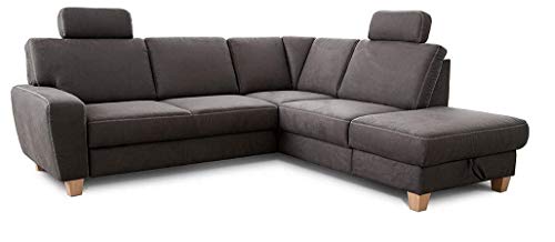 Cavadore Ecksofa Wisconsin mit Federkern / Landhaus Sofa mit 2 Kopfstützen / Landhausstil / Holzfüße in Buche / Mikrofaser in Lederoptik / Größe: 248 x 88 x 215 cm (BxHxT) / Farbe: Dunkelgrau von CAVADORE