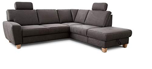 Cavadore Ecksofa Wisconsin mit Vorziehsitz / Eckcouch mit Federkern in Lederoptik / Inkl. 2 Kopfstützen + Bettkasten / Landhausstil / Holzfüße in Buche / Mikrofaser / 248 x 88 x 218 cm / Dunkelgrau von CAVADORE