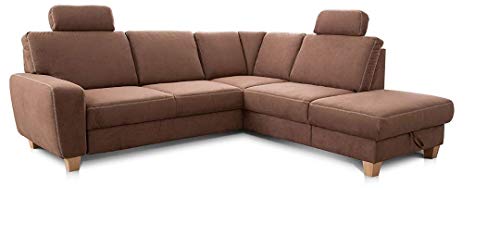 Cavadore Ecksofa Wisconsin mit Bettfunktion / Schlafsofa mit Federkern / Inkl. 2 Kopfstützen + Stauraum / Landhausstil / Holzfüße in Buche / Mikrofaser / 248 x 88 x 215 cm / Braun von CAVADORE