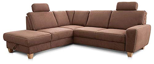 Cavadore Ecksofa Wisconsin mit Bettfunktion / Schlafsofa mit Federkern / Inkl. 2 Kopfstützen + Stauraum / Landhausstil / Holzfüße in Buche / Mikrofaser / 248 x 88 x 215 cm / Braun von CAVADORE