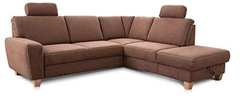 Cavadore Ecksofa Wisconsin mit Vorziehsitz / Eckcouch mit Federkern / Inkl. 2 Kopfstützen + Bettkasten / Landhausstil / Holzfüße in Buche / Mikrofaser / Größe: 248 x 88 x 218 cm (BxHxT) / Farbe: Braun von CAVADORE