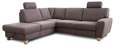 Cavadore Ecksofa Wisconsin mit Bettfunktion / Schlafsofa mit Federkern in Lederoptik / Inkl. 2 Kopfstützen + Stauraum / Landhausstil / Holzfüße in Buche / Mikrofaser / 248 x 88 x 215 cm / Grau von CAVADORE