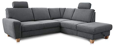 Cavadore Ecksofa Wisconsin mit Bettfunktion / Schlafsofa mit Federkern / Inkl. 2 Kopfstützen + Stauraum / Landhausstil / Holzfüße in Buche / Mikrofaser / Größe: 248 x 88 x 215 cm (BxHxT) / Farbe: Grau von CAVADORE