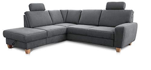 Cavadore Ecksofa Wisconsin mit Vorziehsitz / Eckcouch mit Federkern / Inkl. 2 Kopfstützen + Bettkasten / Landhausstil / Holzfüße in Buche / Mikrofaser / Größe: 248 x 88 x 218 cm (BxHxT) / Farbe: Grau von CAVADORE