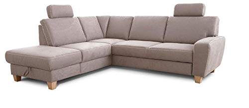 Cavadore Ecksofa Wisconsin mit Bettfunktion / Schlafsofa mit Federkern in Lederoptik / Inkl. 2 Kopfstützen + Stauraum / Landhausstil / Holzfüße in Buche / Mikrofaser / 248 x 88 x 215 cm / Hellgrau von CAVADORE