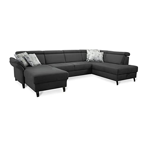 Cavadore Wohnlandschaft Ammerland mit Federkern, Schlafsofa mit Longchair links und Ottomane rechts, inkl. Kopfteilverstellung, 317 x 84 x 193, lederoptik dunkelgrau von CAVADORE