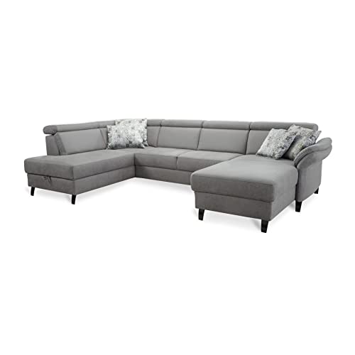 Cavadore Wohnlandschaft Ammerland mit Federkern, Schlafsofa mit Ottomane links und Longchair rechts, inkl. Kopfteilverstellung, 317 x 84 x 193, lederoptik hellgrau von CAVADORE