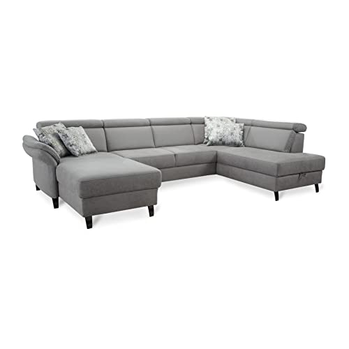 Cavadore Wohnlandschaft Ammerland mit Federkern, U-Form mit Longchair links und Ottomane rechts, inkl. Kopfteilverstellung, 317 x 84 x 193, lederoptik hellgrau von CAVADORE