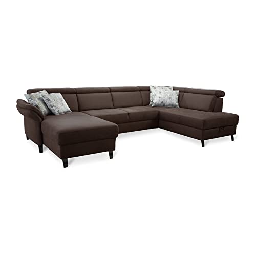 Cavadore Wohnlandschaft Ammerland mit Federkern, Schlafsofa mit Longchair links und Ottomane rechts, inkl. Kopfteilverstellung, 317 x 84 x 193, lederoptik cognac von CAVADORE