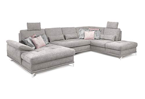 Cavadore Wohnlandschaft Castiel mit Federkern / Großes Schlafsofa in U-Form mit Bett, Sitztiefenverstellung und Kopfstützen / 368 x 114 x 232 / Webstoff, Hellgrau von CAVADORE