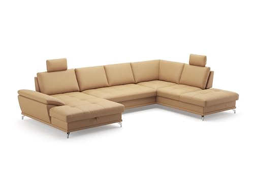 Cavadore Wohnlandschaft Castiel mit Federkern / Sofalandschaft mit XL-Longchair, Sitztiefenverstellung, Kopfstützen und satinierten Metallfüßen / 363 x 89-104 x 223 / Echtleder, Beige Cavadore Wohnlandschaft Castiel mit Federkern / Sofalandschaft mit XL-Longchair, Sitztiefenverstellung, Kopfstützen und satinierten Metallfüßen / 363 x 89-104 x 223 / Echtleder, Beige von CAVADORE