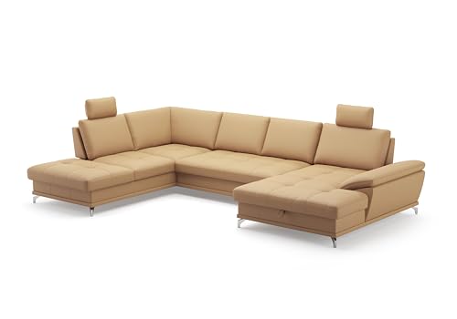 Cavadore Wohnlandschaft Castiel mit Federkern / Sofalandschaft mit großem Longchair, Bett, Bettkasten, Sitztiefenverstellung, Kopfstützen und Metallfüßen / 363 x 89-104 x 223 / Echtleder, Beige von CAVADORE