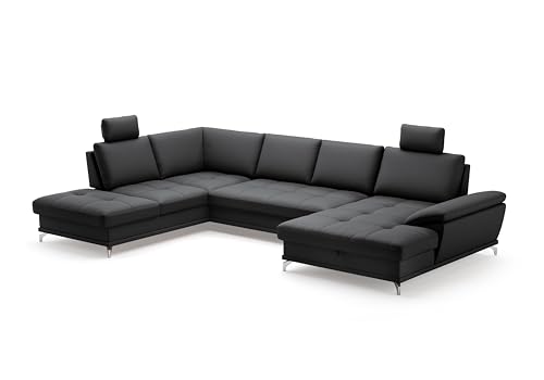 Cavadore Wohnlandschaft Castiel mit Federkern / Sofalandschaft mit großem Longchair, Bett, Bettkasten, Sitztiefenverstellung, Kopfstützen und Metallfüßen / 363 x 89-104 x 223 / Echtleder, Schwarz von CAVADORE