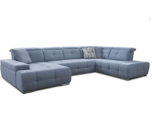 Cavadore Wohnlandschaft Mistrel mit verstellbaren Kopfteilen / U-Form Sofa mit leichter Fleckentfernung dank Soft Clean / Geeignet für Haushalte mit Kindern, Haustieren /343 x 77 x 228 / blau von CAVADORE