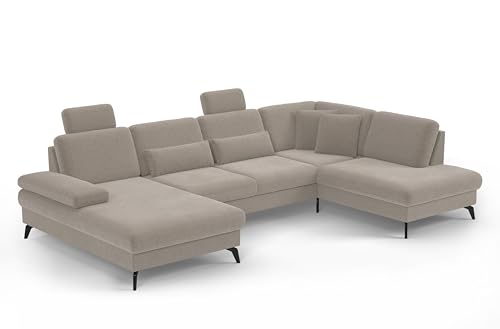 Cavadore Wohnlandschaft Moritz / Sofalandschaft mit Longchair im trendigen Design, Sitztiefenverstellung, Kopfstützen und mattschwarzen Metallfüßen / 335 x 82-107 x 212 / Flachgewebe, Beige von CAVADORE