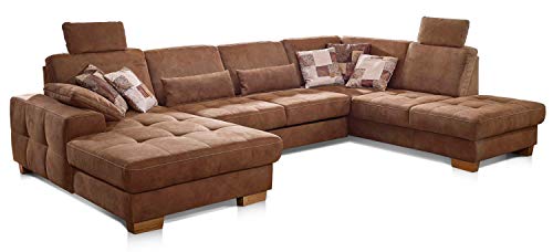 Cavadore Wohnlandschaft Puccino mit Federkern, Bettfunktion, Sitztiefenverstellung und 2 Kopfstützen / Sofa in U-Form im Landhausstil / 340 x 86 x 224 cm / Mikrofaser hellbraun von CAVADORE